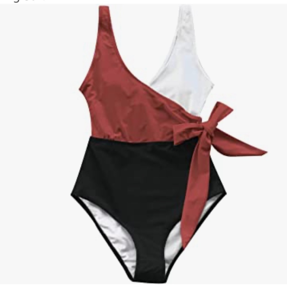 CUPSHE one piece black rust white color block V front swimsuit size large NWT